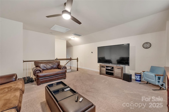 4929 Norman Park Pl, Clover, SC 29710 - carpeted living room featuring baseboards, visible vents, ceiling fan, and vaulted ceiling