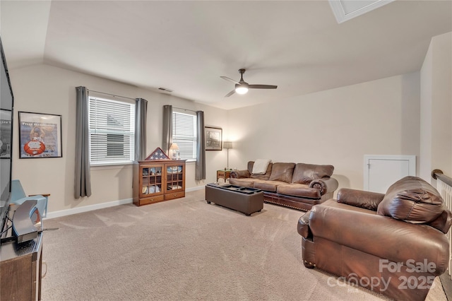 4929 Norman Park Pl, Clover, SC 29710 - living area with carpet floors, baseboards, visible vents, a ceiling fan, and lofted ceiling