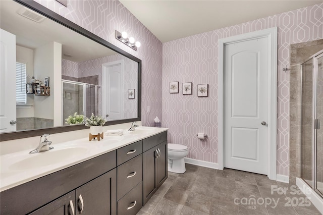 4929 Norman Park Pl, Clover, SC 29710 - bathroom featuring wallpapered walls, a shower stall, toilet, and a sink