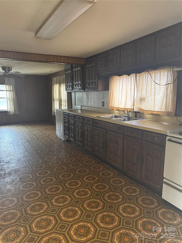 kitchen with dark brown cabinetry, sink, plenty of natural light, and range