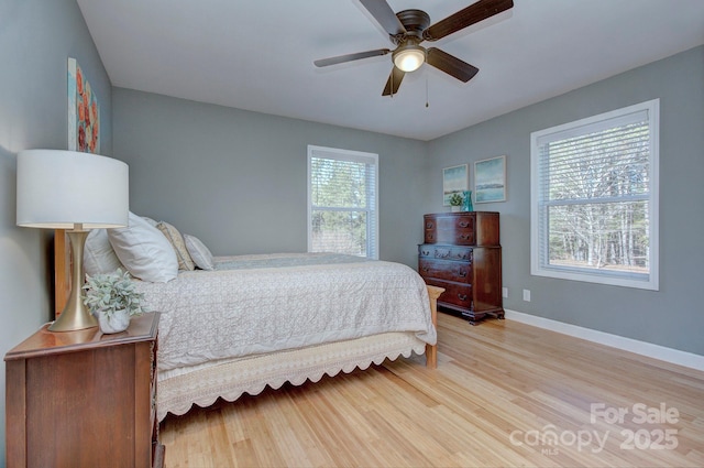 bedroom featuring ceiling fan and light hardwood / wood-style flooring