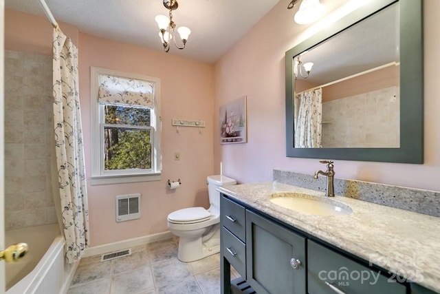 full bathroom featuring shower / bath combination with curtain, a chandelier, tile patterned flooring, vanity, and toilet