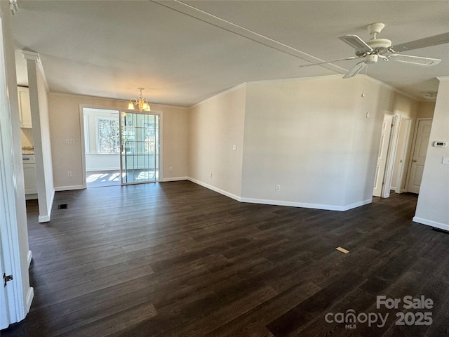 436 Riverwind Dr, Hendersonville, NC 28739 - unfurnished room with ornamental molding, dark hardwood / wood-style floors, and ceiling fan with notable chandelier