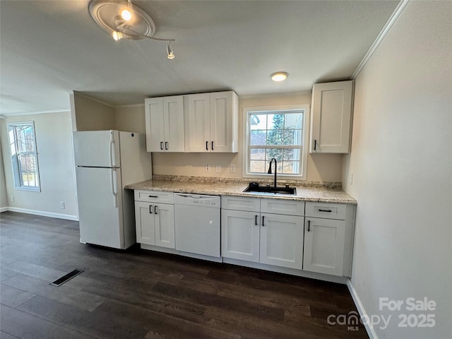 436 Riverwind Dr, Hendersonville, NC 28739 - kitchen with white cabinetry, ornamental molding, sink, and white appliances