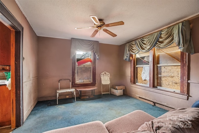 sitting room featuring ceiling fan, carpet floors, and a textured ceiling