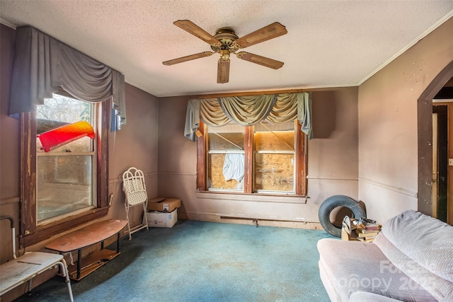 living area with ceiling fan, a textured ceiling, and dark carpet