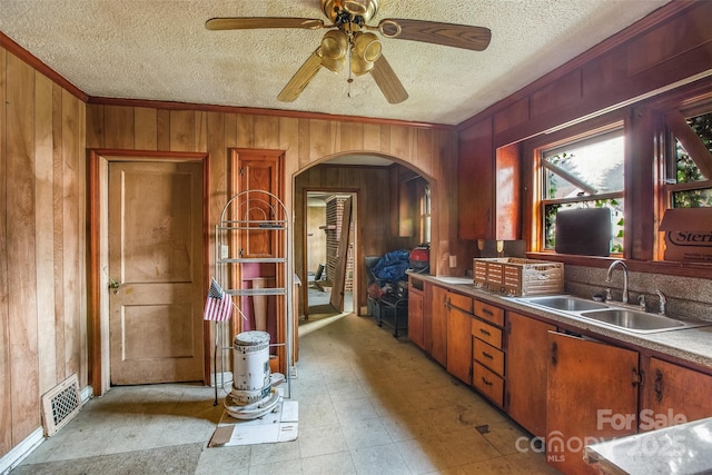 kitchen with ornamental molding, sink, a textured ceiling, and wood walls