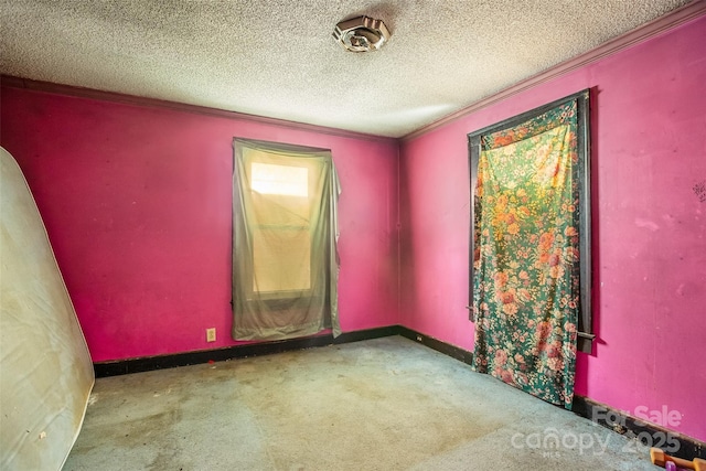 spare room featuring light colored carpet, ornamental molding, and a textured ceiling