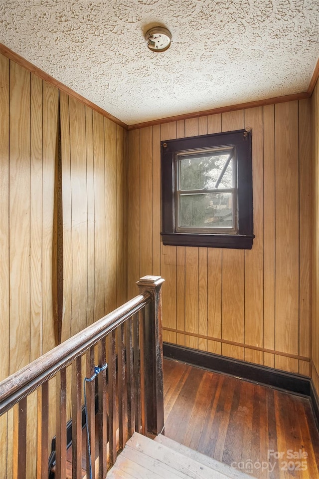 hallway featuring wooden walls, dark hardwood / wood-style floors, and a textured ceiling