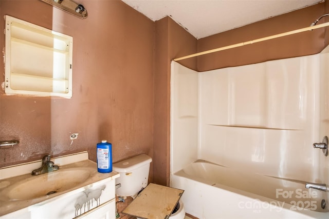 full bathroom with vanity, bathtub / shower combination, and toilet