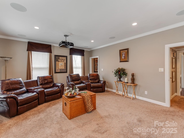 living room with crown molding and light carpet