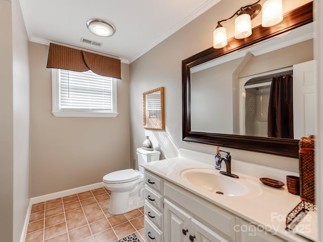 bathroom with crown molding, tile patterned floors, toilet, and vanity