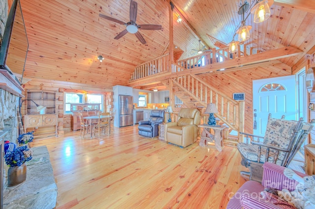 living room featuring wood ceiling, beam ceiling, light hardwood / wood-style floors, and wood walls