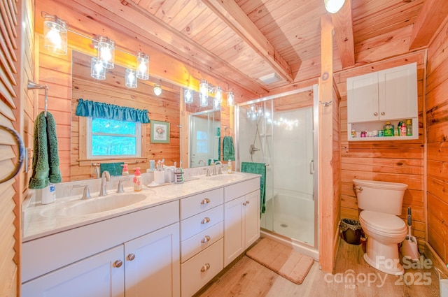 bathroom featuring wooden walls, a shower with shower door, vanity, wood ceiling, and beam ceiling