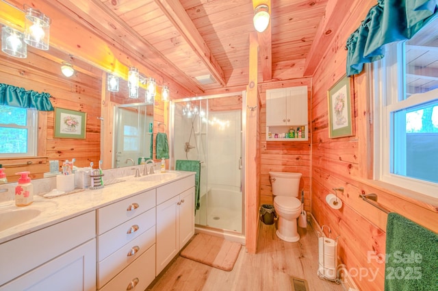 bathroom with beamed ceiling, wooden walls, an enclosed shower, and a wealth of natural light