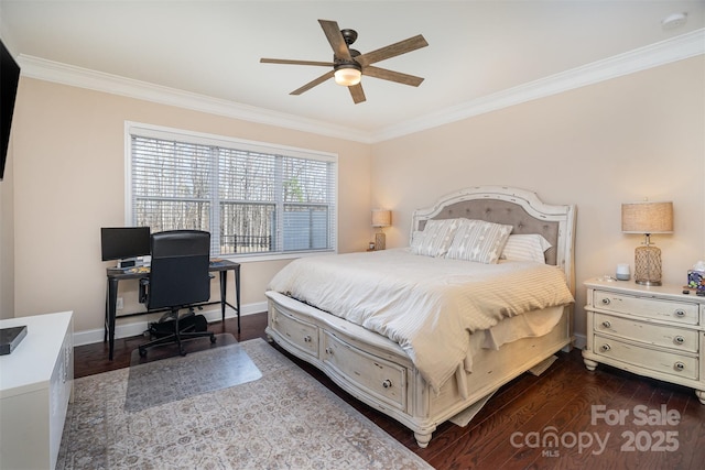 bedroom featuring crown molding, ceiling fan, and dark hardwood / wood-style flooring