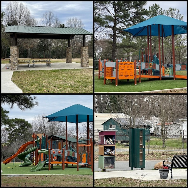 community playground featuring a lawn, a gazebo, and fence