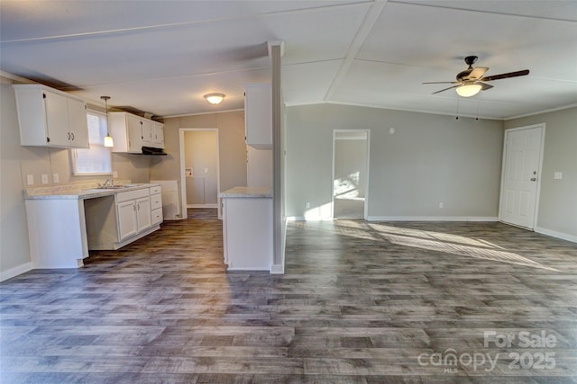 kitchen featuring lofted ceiling, hardwood / wood-style floors, and white cabinets