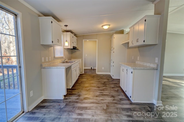 kitchen with dark hardwood / wood-style floors, white cabinetry, sink, hanging light fixtures, and light stone countertops