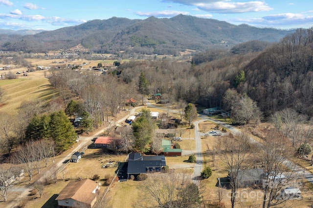 drone / aerial view featuring a mountain view