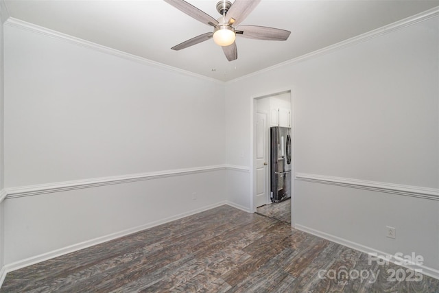 unfurnished room with crown molding, dark wood-type flooring, and ceiling fan