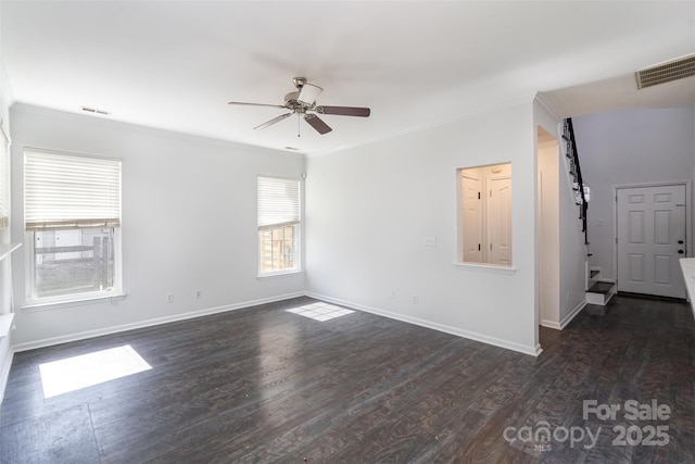 unfurnished room with ceiling fan, ornamental molding, and dark hardwood / wood-style flooring