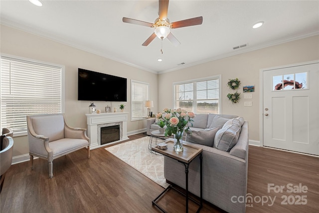 living room with ornamental molding, ceiling fan, a fireplace, and dark hardwood / wood-style flooring