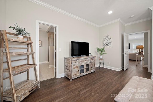 living room with crown molding and dark hardwood / wood-style floors