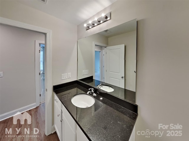 bathroom with vanity and wood-type flooring