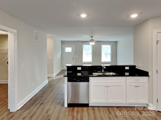 kitchen with sink, ceiling fan, dishwasher, white cabinets, and light wood-type flooring