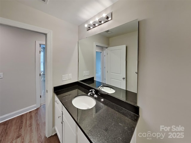 bathroom featuring vanity and wood-type flooring