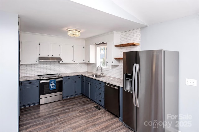 kitchen featuring blue cabinets, white cabinetry, tasteful backsplash, sink, and stainless steel appliances