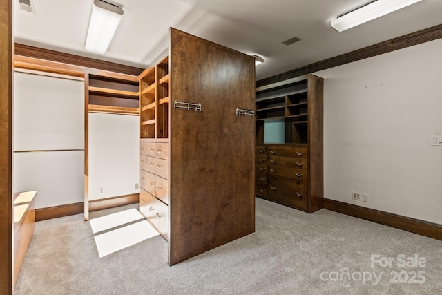 spacious closet with light carpet and visible vents