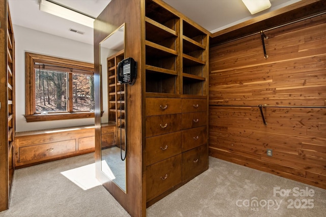 spacious closet featuring light colored carpet and visible vents