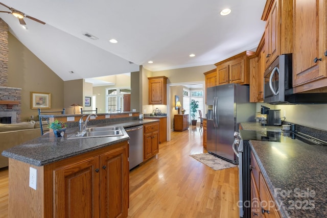 kitchen featuring sink, light hardwood / wood-style flooring, stainless steel appliances, an island with sink, and a stone fireplace