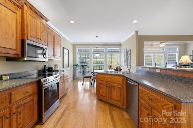 kitchen featuring stainless steel appliances, ornamental molding, sink, and decorative light fixtures