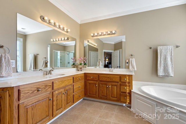 bathroom featuring crown molding, tile patterned floors, shower with separate bathtub, and vanity