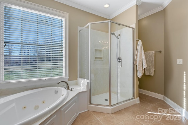 bathroom featuring crown molding, tile patterned floors, and separate shower and tub