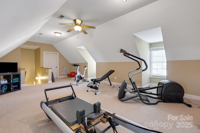 workout area with vaulted ceiling and ceiling fan