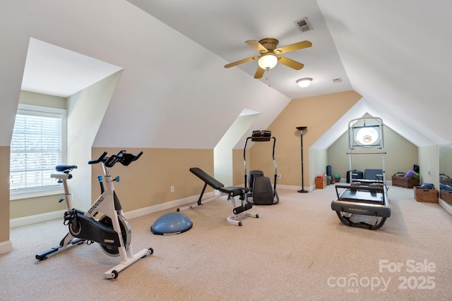 workout room featuring lofted ceiling and ceiling fan