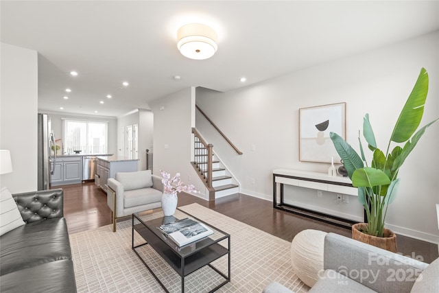 living room with dark hardwood / wood-style floors