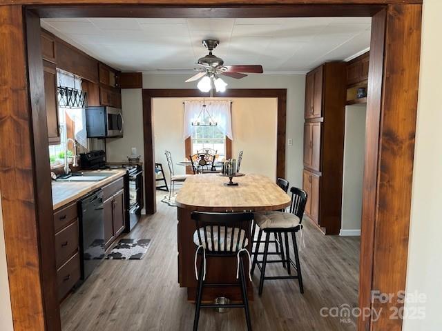 kitchen featuring sink, electric range, wood-type flooring, and black dishwasher