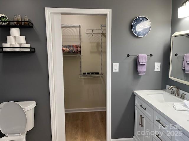 bathroom with vanity, hardwood / wood-style floors, and toilet