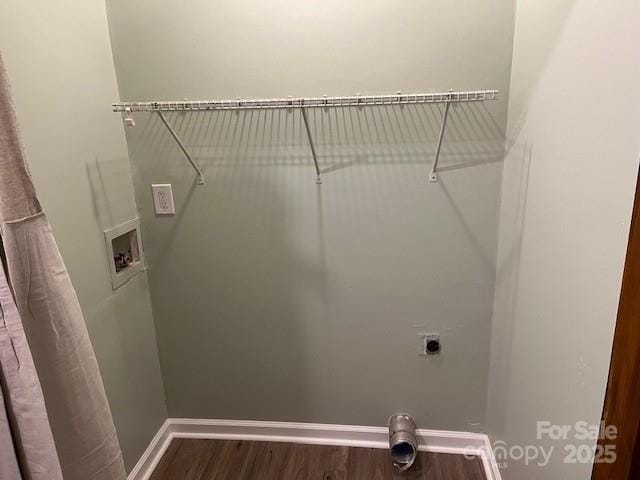 clothes washing area with hardwood / wood-style flooring, hookup for an electric dryer, and hookup for a washing machine