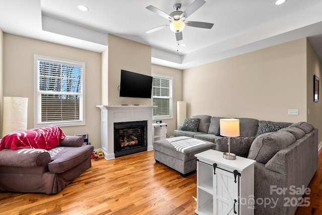 living room with ceiling fan and light hardwood / wood-style flooring