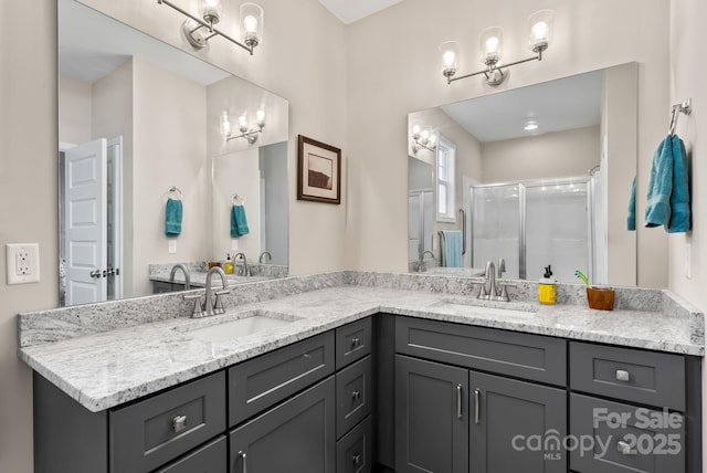 bathroom featuring vanity and walk in shower