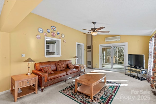 living room featuring ceiling fan, lofted ceiling, a wall mounted air conditioner, and light carpet