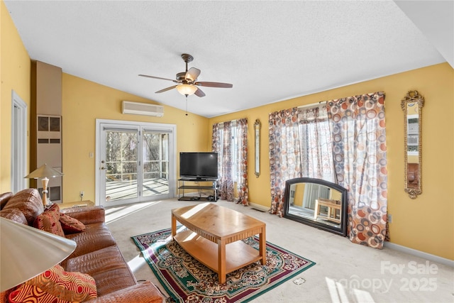 carpeted living room featuring ceiling fan, vaulted ceiling, an AC wall unit, and a textured ceiling