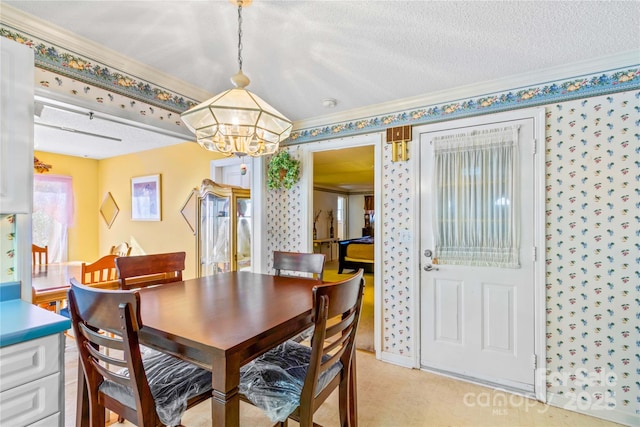 carpeted dining room with ornamental molding, a chandelier, and a textured ceiling