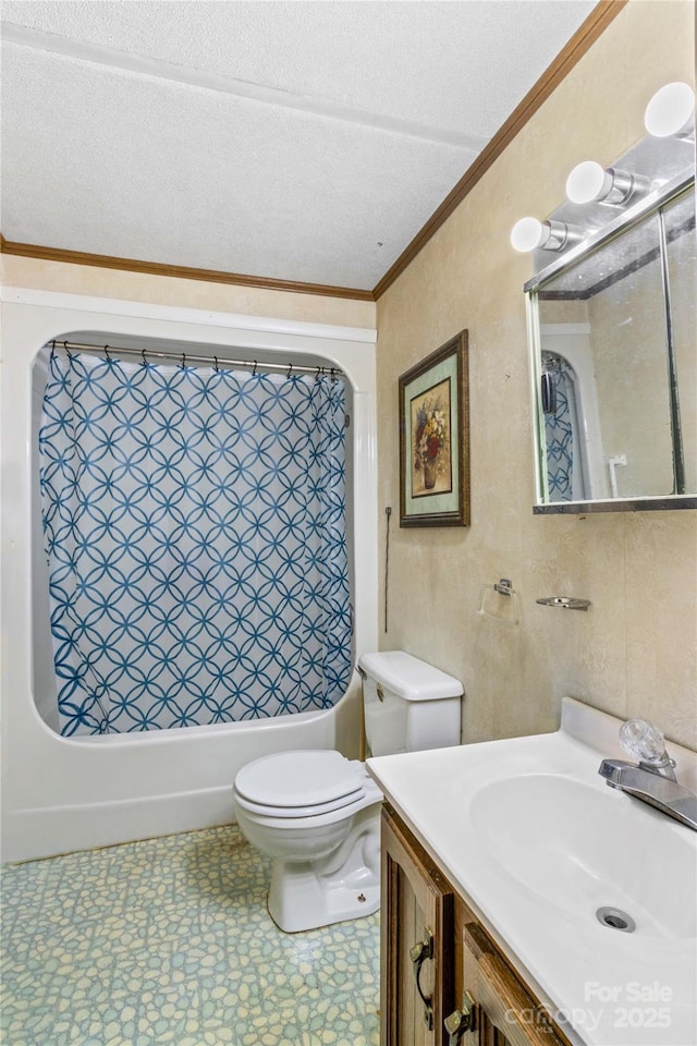 full bathroom with toilet, a textured ceiling, ornamental molding, vanity, and shower / bath combo with shower curtain